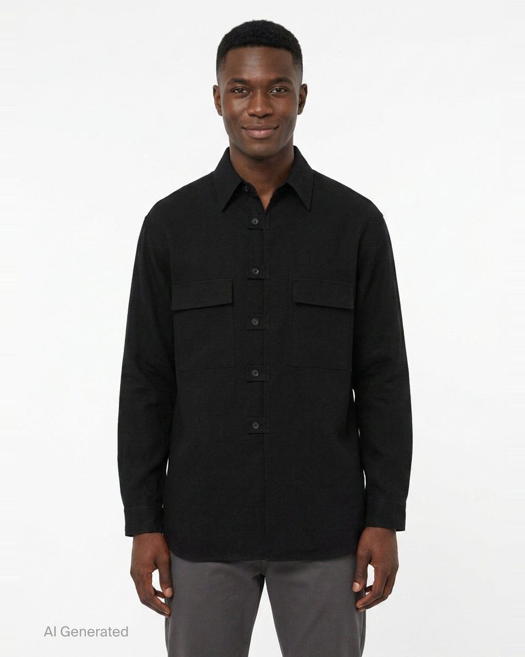 Yohji Yamamoto Spare Collar Long Sleeve Shirt in black, oversized fit with dual buttoned chest pockets and tonal button-through placket, front view on white background - front