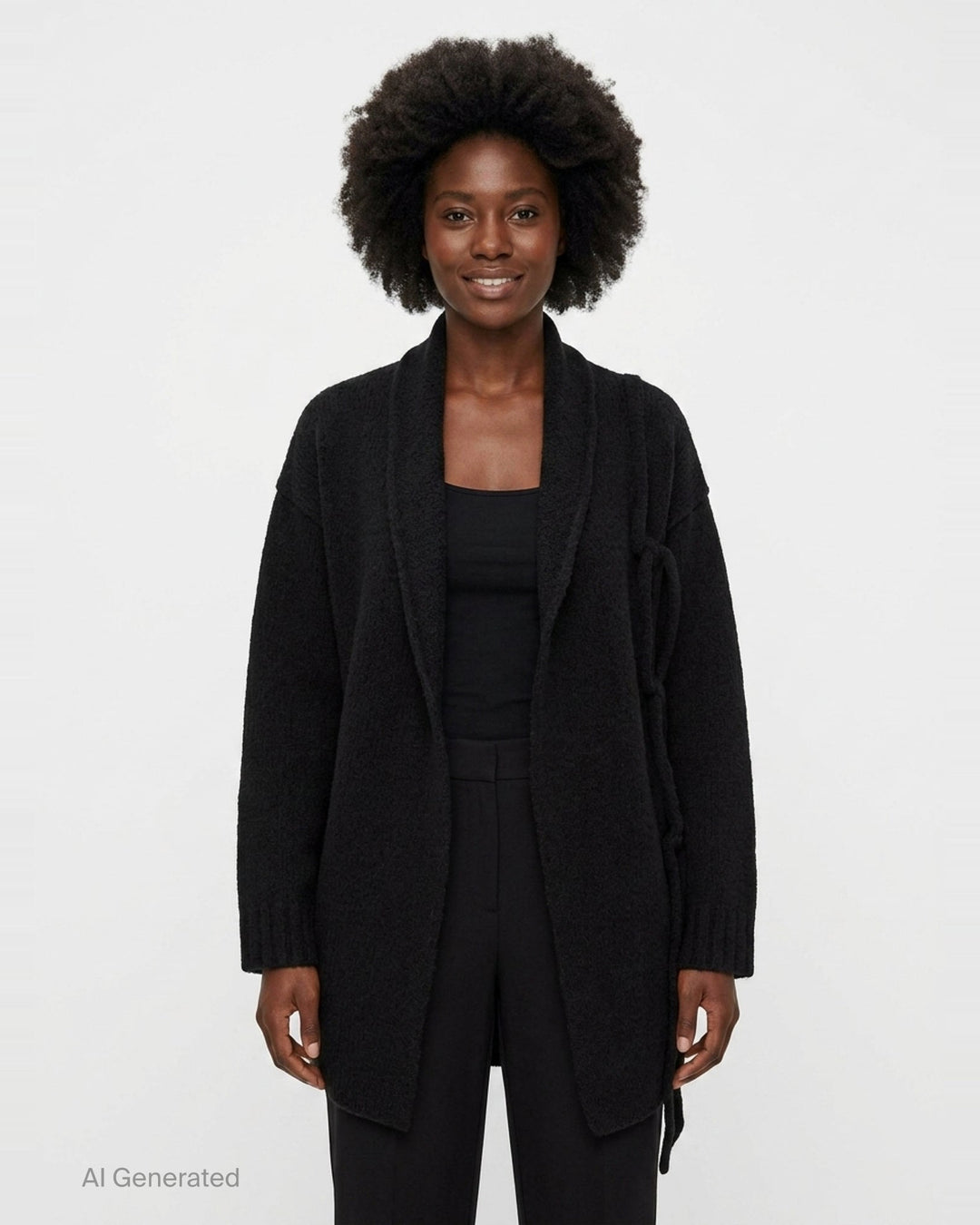 Yohji Yamamoto String Detail Cardigan in black — oversized open-front knit with tie-string hem detail and ribbed cuffs, displayed on a mannequin - front