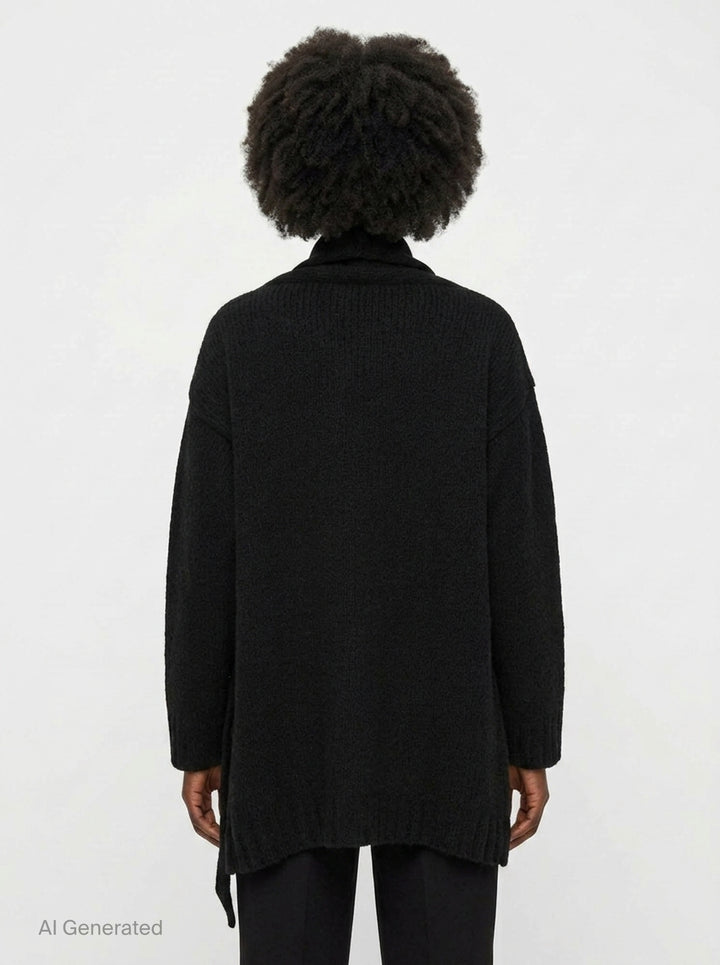 Yohji Yamamoto String Detail Cardigan in black — oversized open-front knit with tie-string hem detail and ribbed cuffs, displayed on a mannequin - back