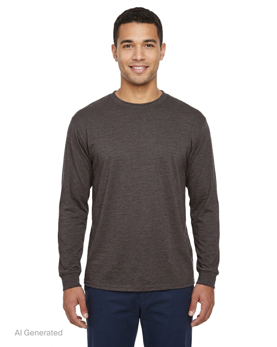 YOKE Cashmere Silk Jersey Long Sleeve Tee in heathered charcoal-brown, front view - front
