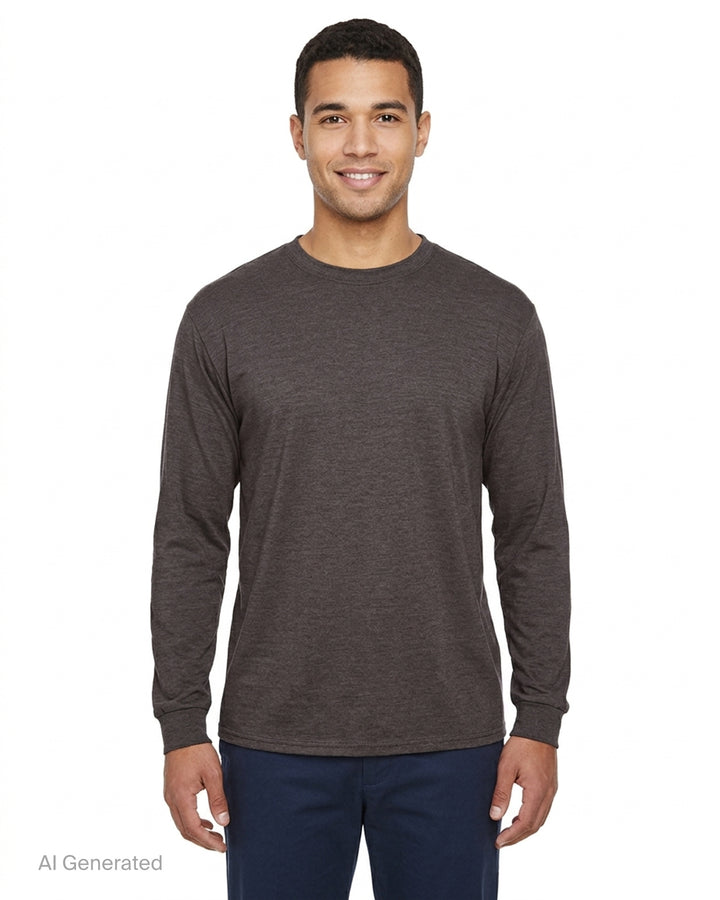 YOKE Cashmere Silk Jersey Long Sleeve Tee in heathered charcoal-brown, front view - front