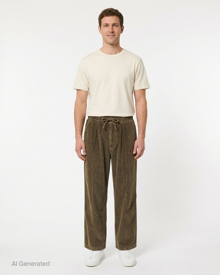 YOKE corduroy pleated easy trousers in washed olive-brown with drawstring elasticated waist and wide straight leg - front