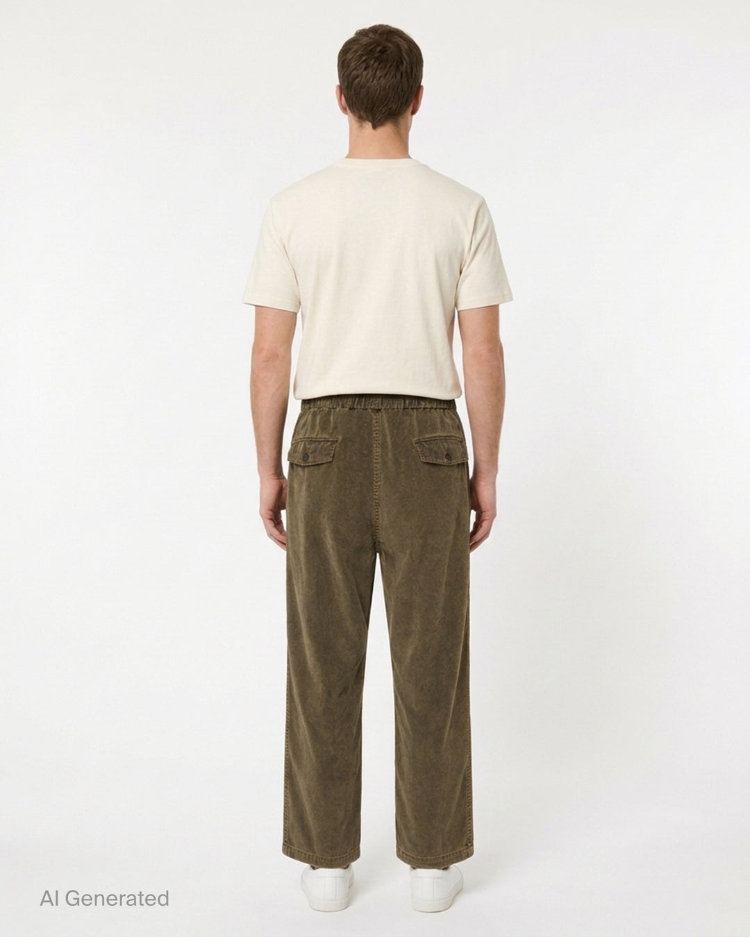 YOKE corduroy pleated easy trousers in washed olive-brown with drawstring elasticated waist and wide straight leg - back