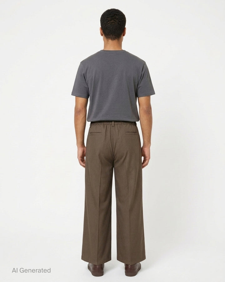 Brown wide-leg pleated trousers with an elasticated waistband, button closure and cropped hem, shown from the front - back