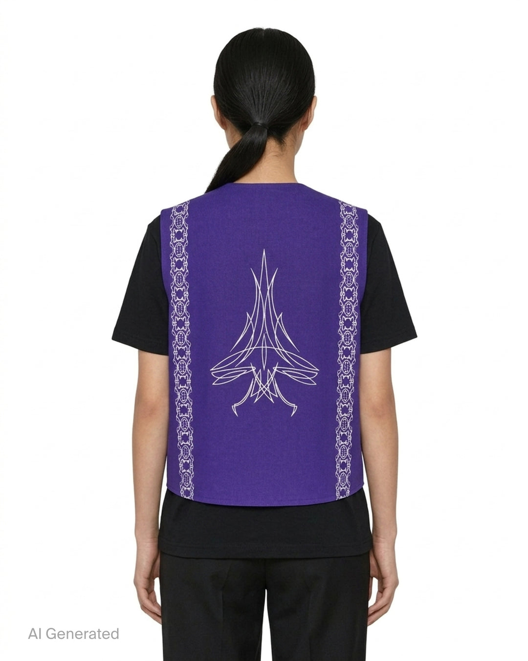 Youths in Balaclava purple canvas vest with cream pinstripe embroidery on the chest, arrow-shaped pockets and three metal buttons - back