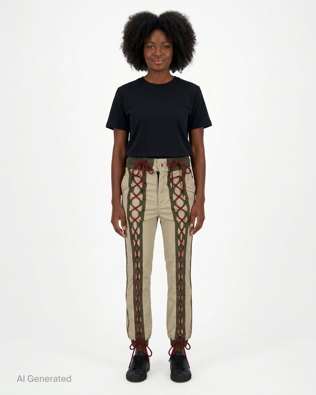 Youths In Balaclava unisex khaki flight pants with olive ribbed waistband and cuffs and red cord lacing down both legs - front