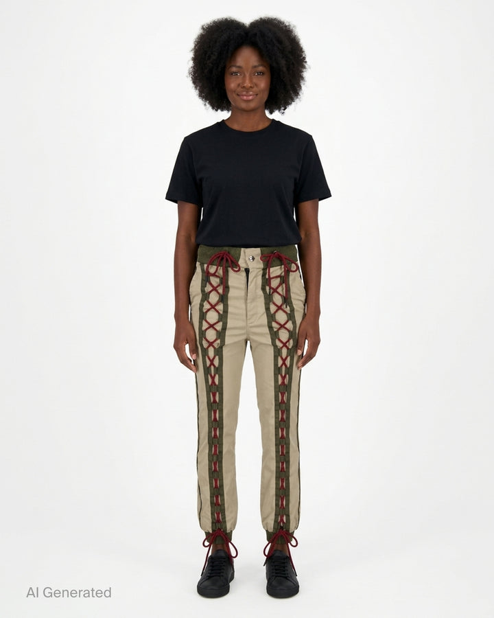Youths In Balaclava unisex khaki flight pants with olive ribbed waistband and cuffs and red cord lacing down both legs - front