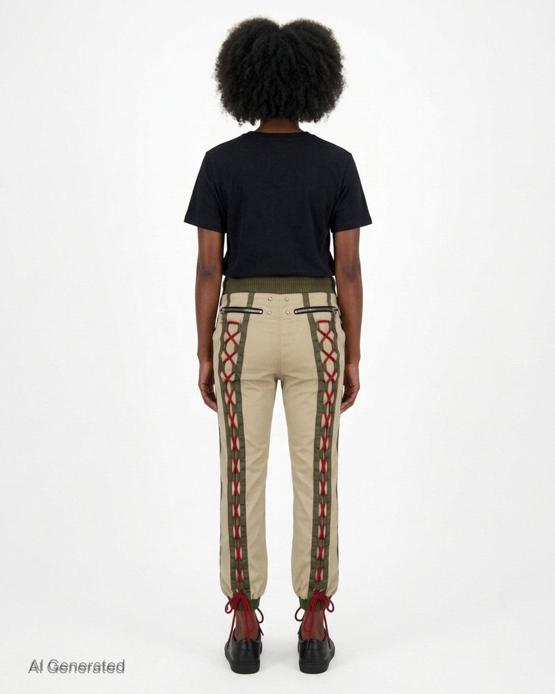 Youths In Balaclava unisex khaki flight pants with olive ribbed waistband and cuffs and red cord lacing down both legs - back