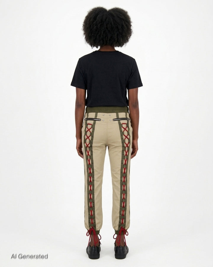Youths In Balaclava unisex khaki flight pants with olive ribbed waistband and cuffs and red cord lacing down both legs - back