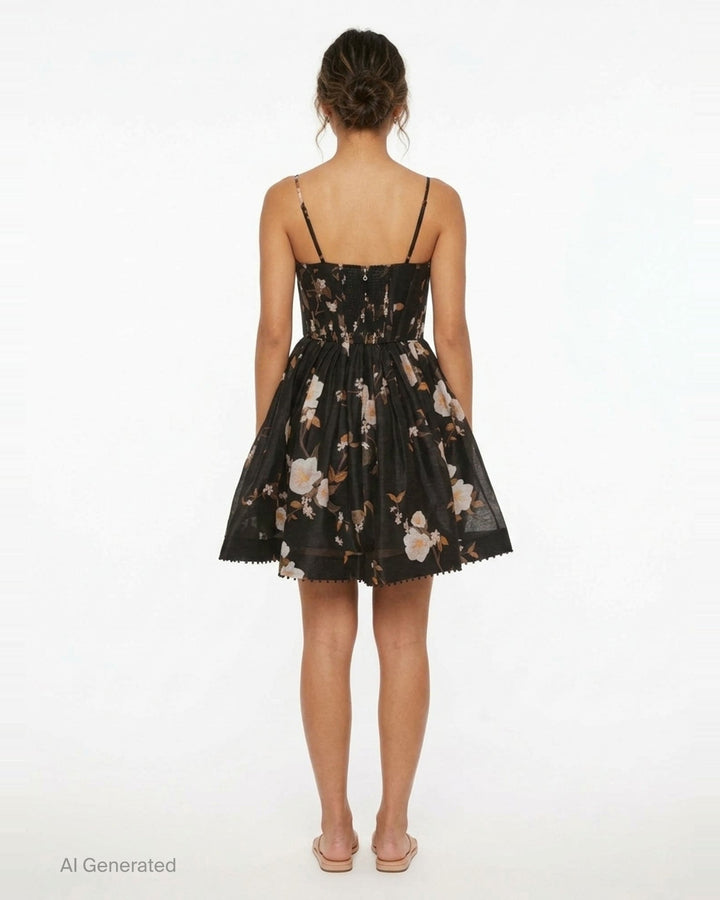 Zimmermann Ascent Corseted Mini Dress in black floral print with sweetheart neckline, structured corset bodice, full circle skirt, and pom-pom hem trim - back