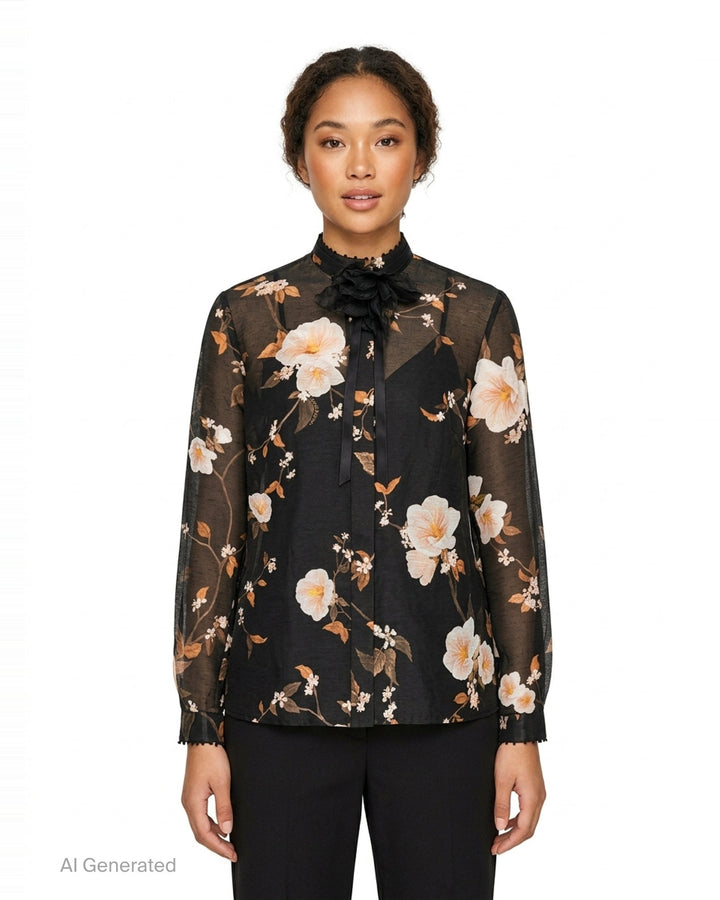 Zimmermann Ascent Embellished Body Shirt in sheer black floral print with ruffled bead-embellished collar, satin ribbon tie, and pom-pom trimmed cuffs - front