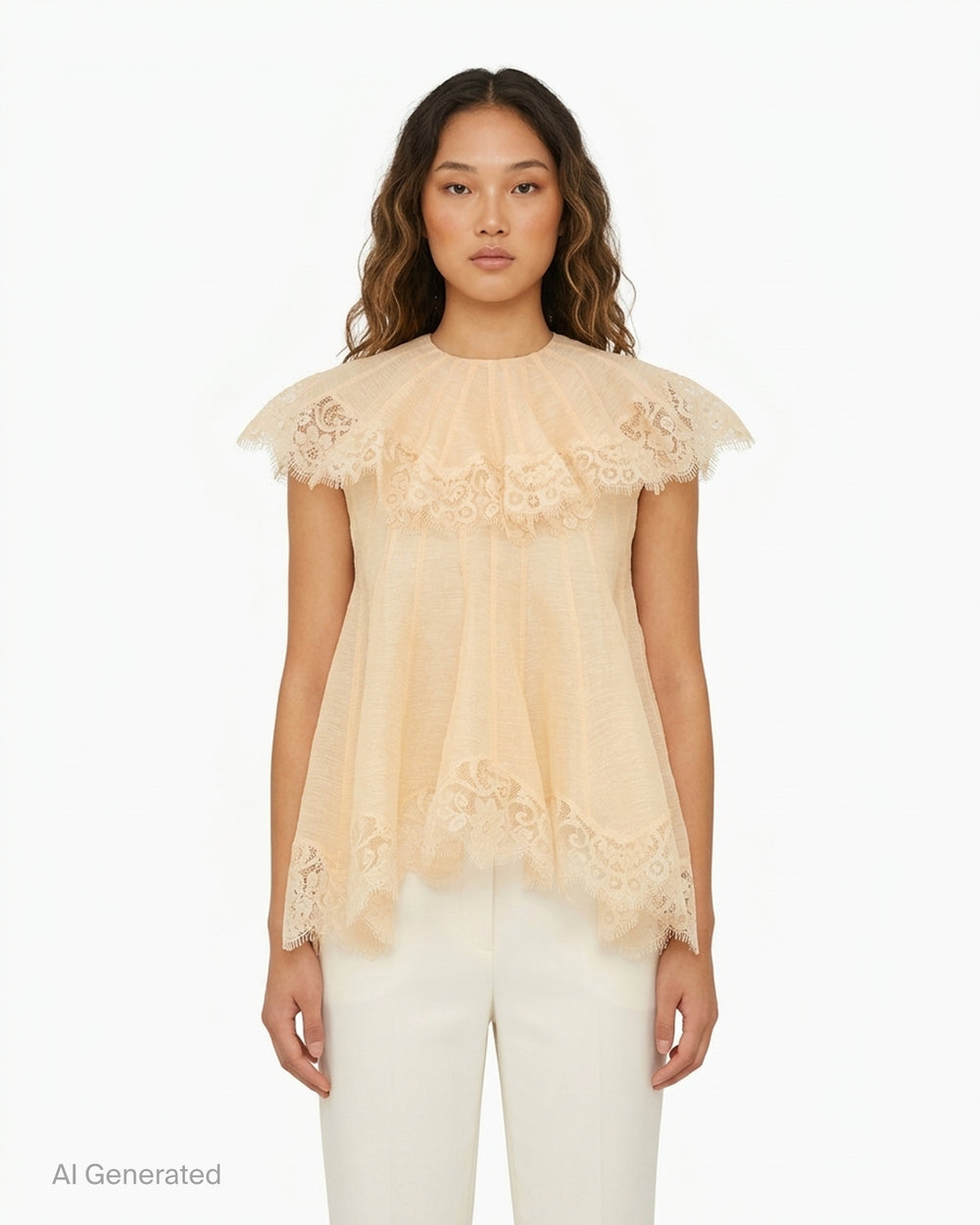 Zimmermann Ascent Flutter Top in pale apricot with a pleated ruffle collar, scalloped lace trim and a flared handkerchief hem - front