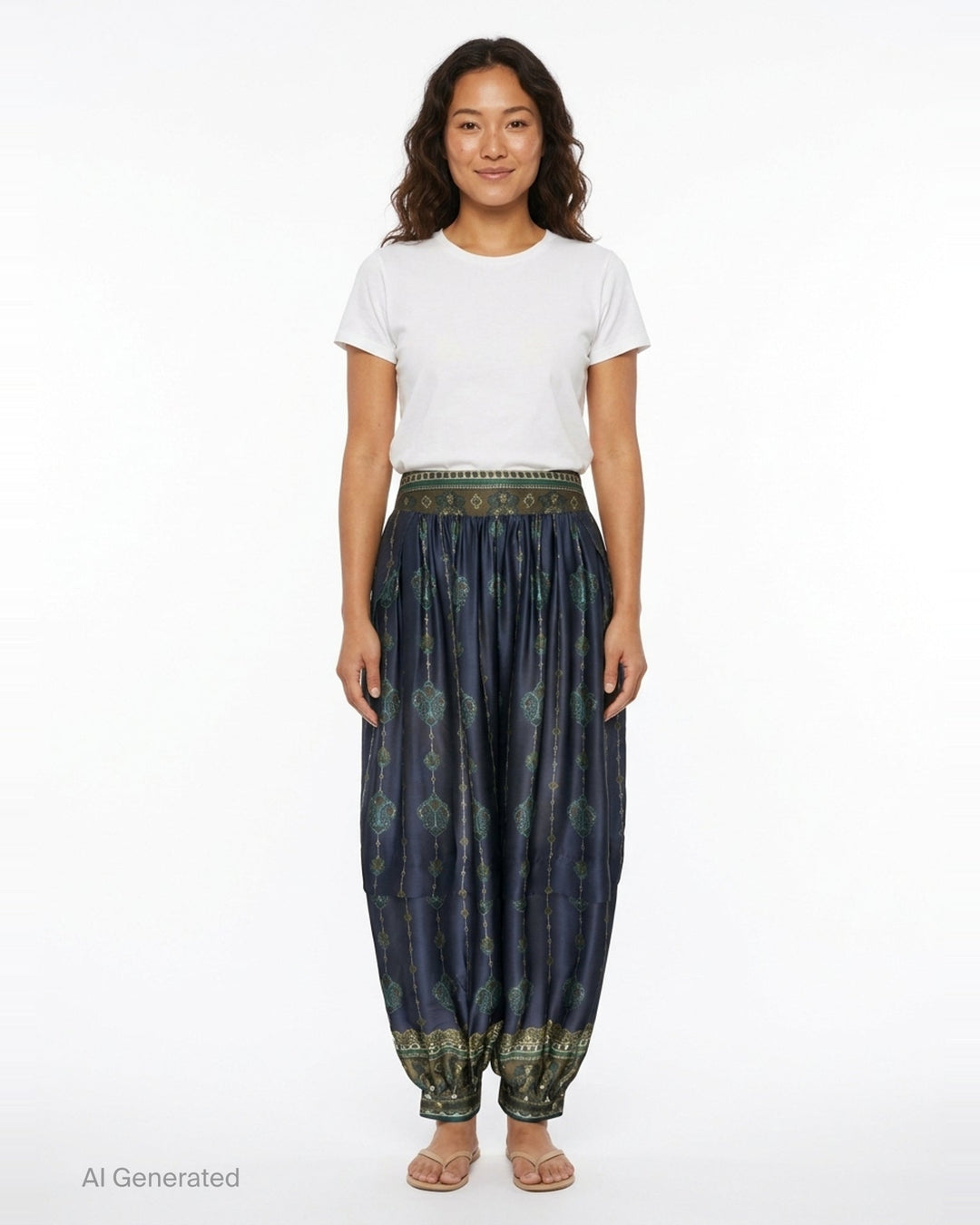 Zimmermann Ascent Harem Pants in navy with teal and gold paisley print, featuring a gathered silhouette, ornate woven waistband, and elasticated ankle cuffs with decorative border trim - front