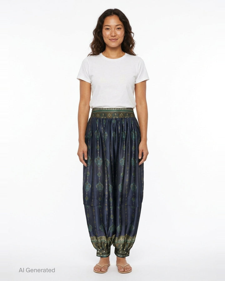 Zimmermann Ascent Harem Pants in navy with teal and gold paisley print, featuring a gathered silhouette, ornate woven waistband, and elasticated ankle cuffs with decorative border trim - front