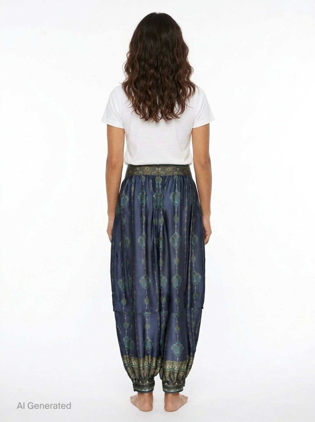 Zimmermann Ascent Harem Pants in navy with teal and gold paisley print, featuring a gathered silhouette, ornate woven waistband, and elasticated ankle cuffs with decorative border trim - back