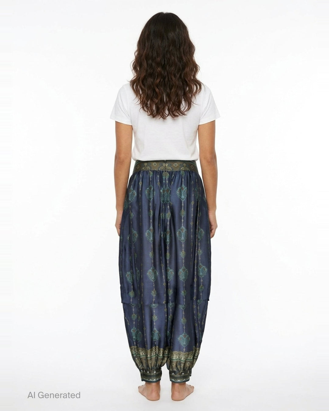 Zimmermann Ascent Harem Pants in navy with teal and gold paisley print, featuring a gathered silhouette, ornate woven waistband, and elasticated ankle cuffs with decorative border trim - back