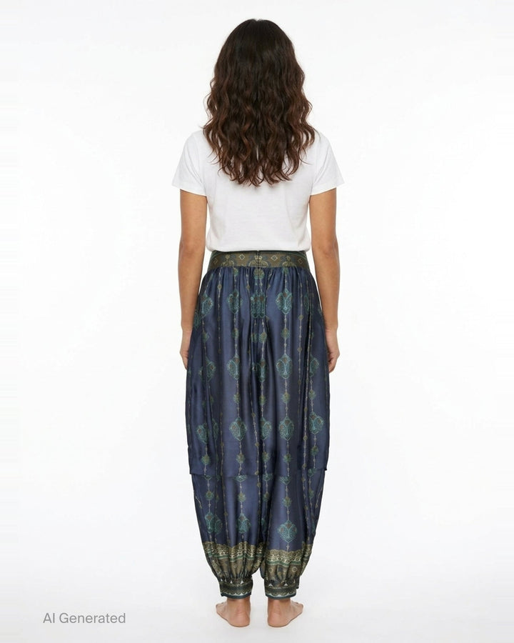 Zimmermann Ascent Harem Pants in navy with teal and gold paisley print, featuring a gathered silhouette, ornate woven waistband, and elasticated ankle cuffs with decorative border trim - back