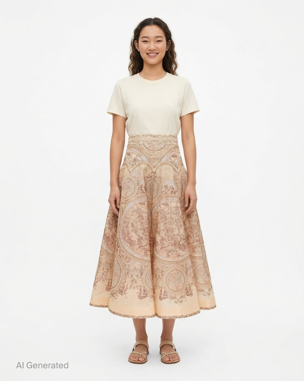Zimmermann Ascent Panelled Midi Skirt in a peach and blush celestial map print with cherubs, baroque scrollwork and a scalloped hem - front
