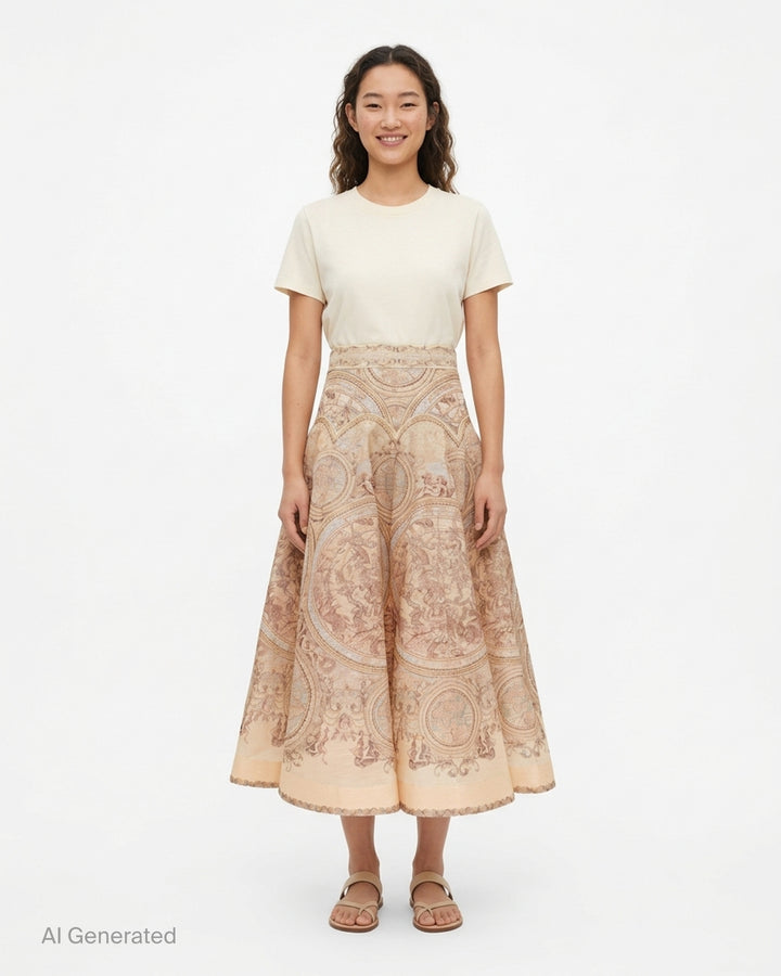Zimmermann Ascent Panelled Midi Skirt in a peach and blush celestial map print with cherubs, baroque scrollwork and a scalloped hem - front