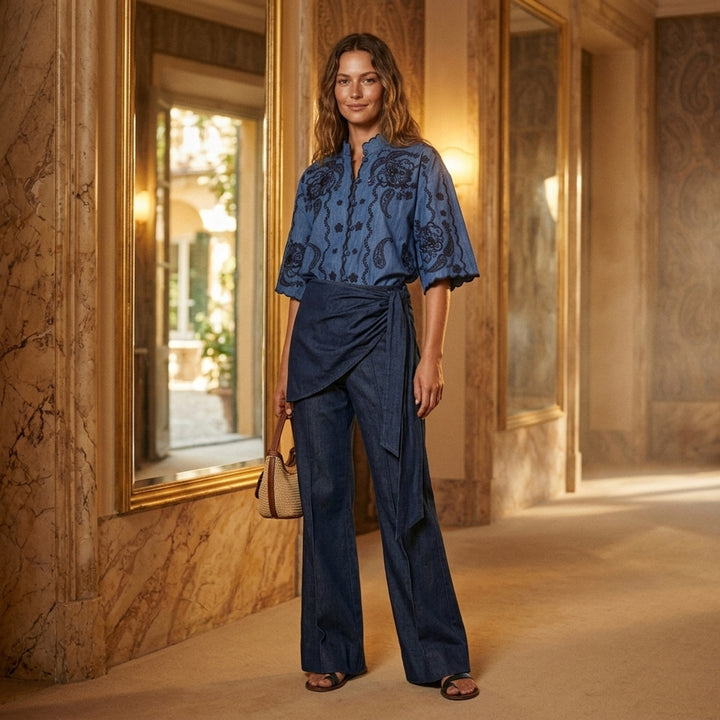 Zimmermann Draped Denim Flare Jeans in dark indigo, featuring a wide-leg silhouette with a wrap-style skirt overlay and self-tie gather detail at the hip - lifestyle