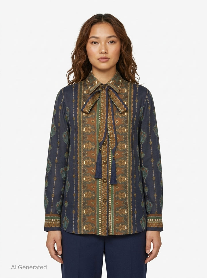 Zimmermann Satin Scarf Blouse in navy and bronze paisley print with self-tie bow collar, tassel ends, and button-through front placket - front