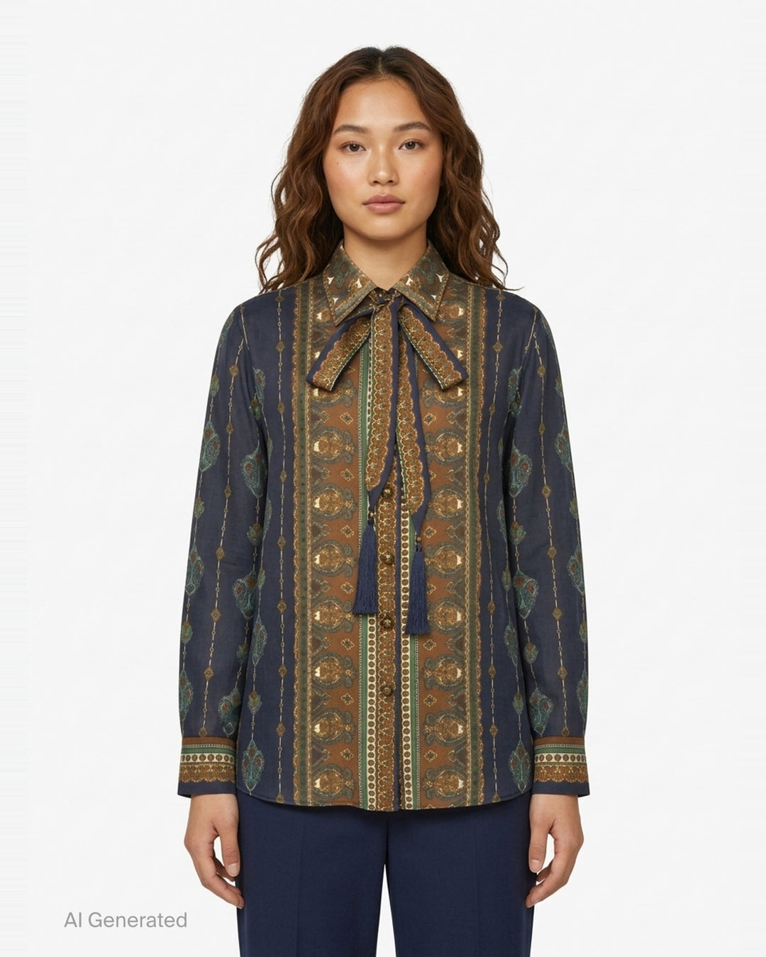 Zimmermann Satin Scarf Blouse in navy and bronze paisley print with self-tie bow collar, tassel ends, and button-through front placket - front