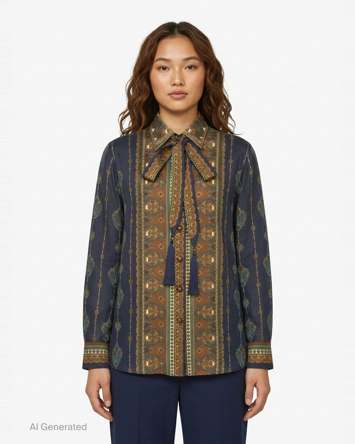 Zimmermann Satin Scarf Blouse in navy and bronze paisley print with self-tie bow collar, tassel ends, and button-through front placket - front