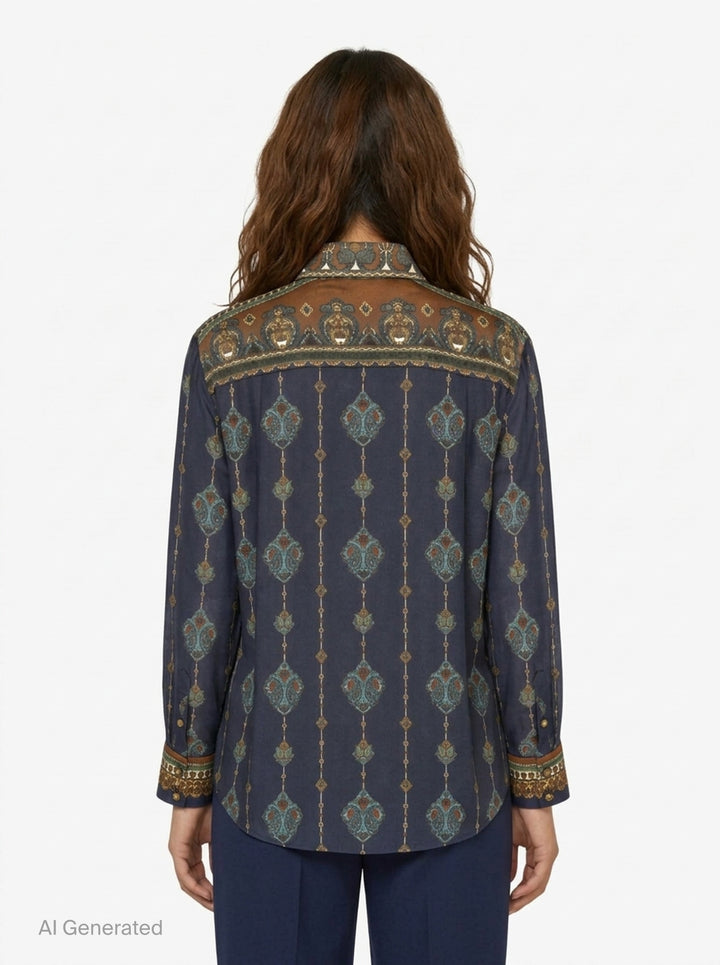 Zimmermann Satin Scarf Blouse in navy and bronze paisley print with self-tie bow collar, tassel ends, and button-through front placket - back