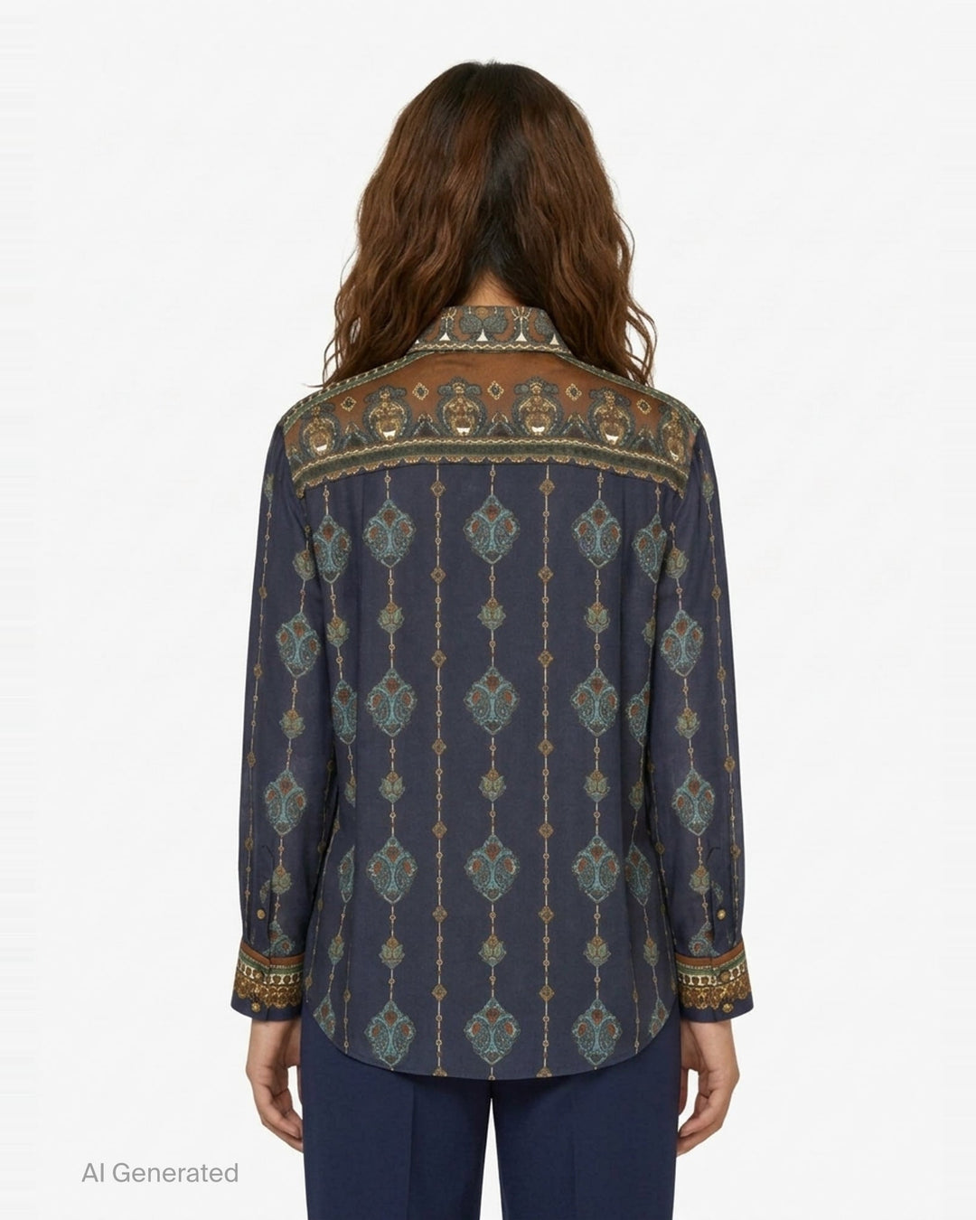 Zimmermann Satin Scarf Blouse in navy and bronze paisley print with self-tie bow collar, tassel ends, and button-through front placket - back