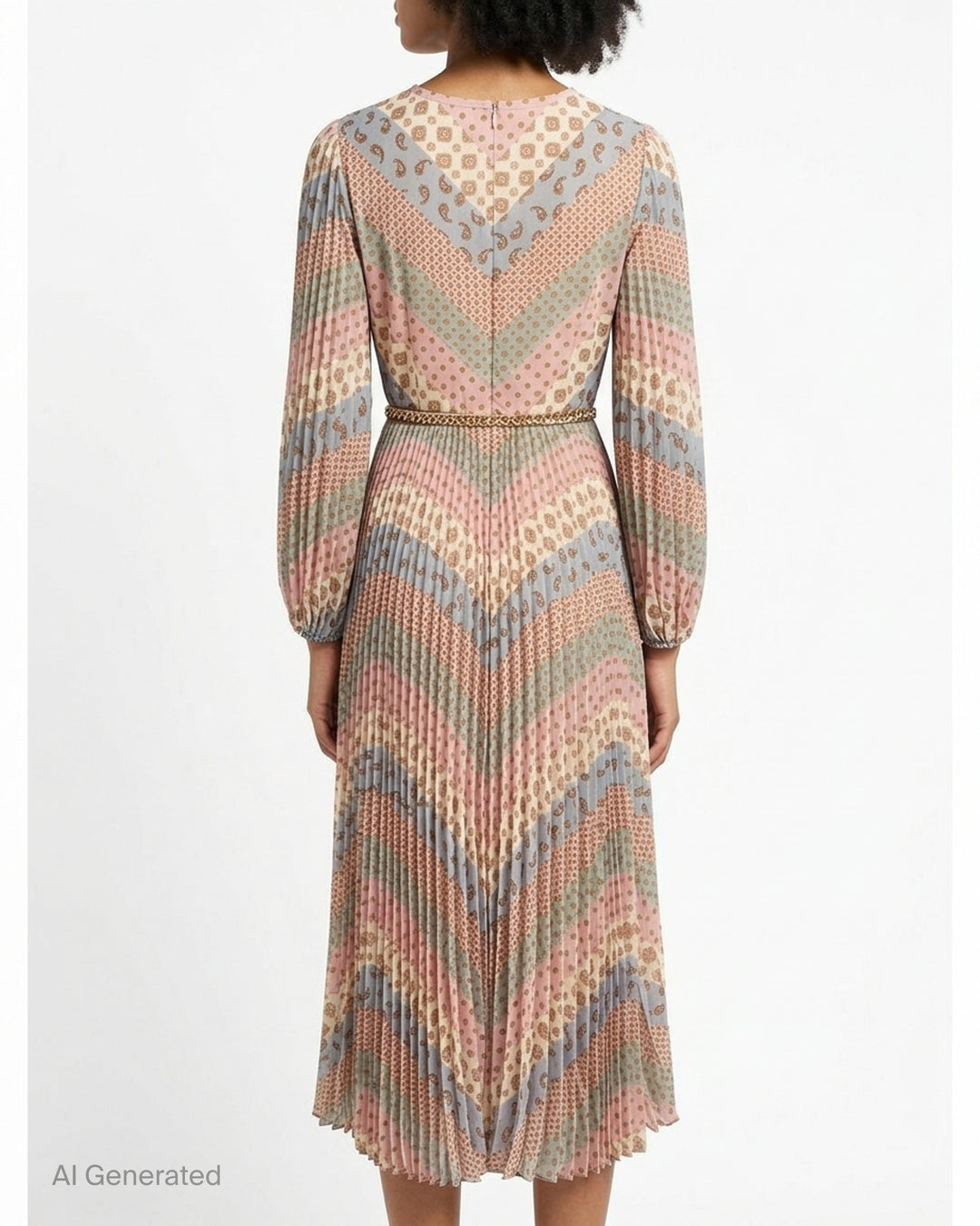 Zimmermann Sunray long sleeve pleated midi dress in a pastel chevron paisley and medallion print with blouson sleeves and gold chain belt - back