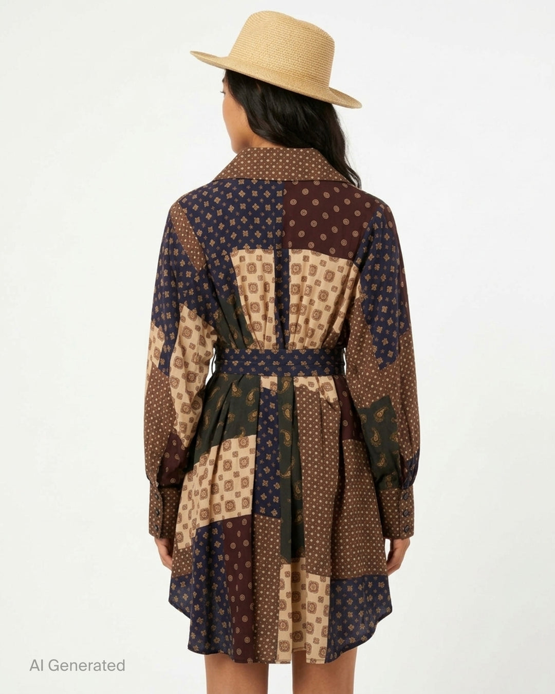 Zimmermann Tuck Mini Dress in brown, navy, cream and olive patchwork print with paisley and medallion motifs, V-neck collar, button front, long sleeves and belted waist - back