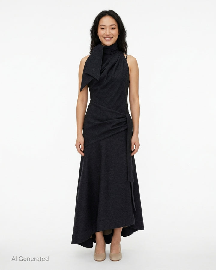Zimmermann Valiant Draped Denim Dress in a dark washed denim with a bow-tied high neckline, draped waist with side tie and asymmetric flared hem - front