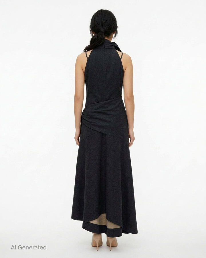 Zimmermann Valiant Draped Denim Dress in a dark washed denim with a bow-tied high neckline, draped waist with side tie and asymmetric flared hem - back