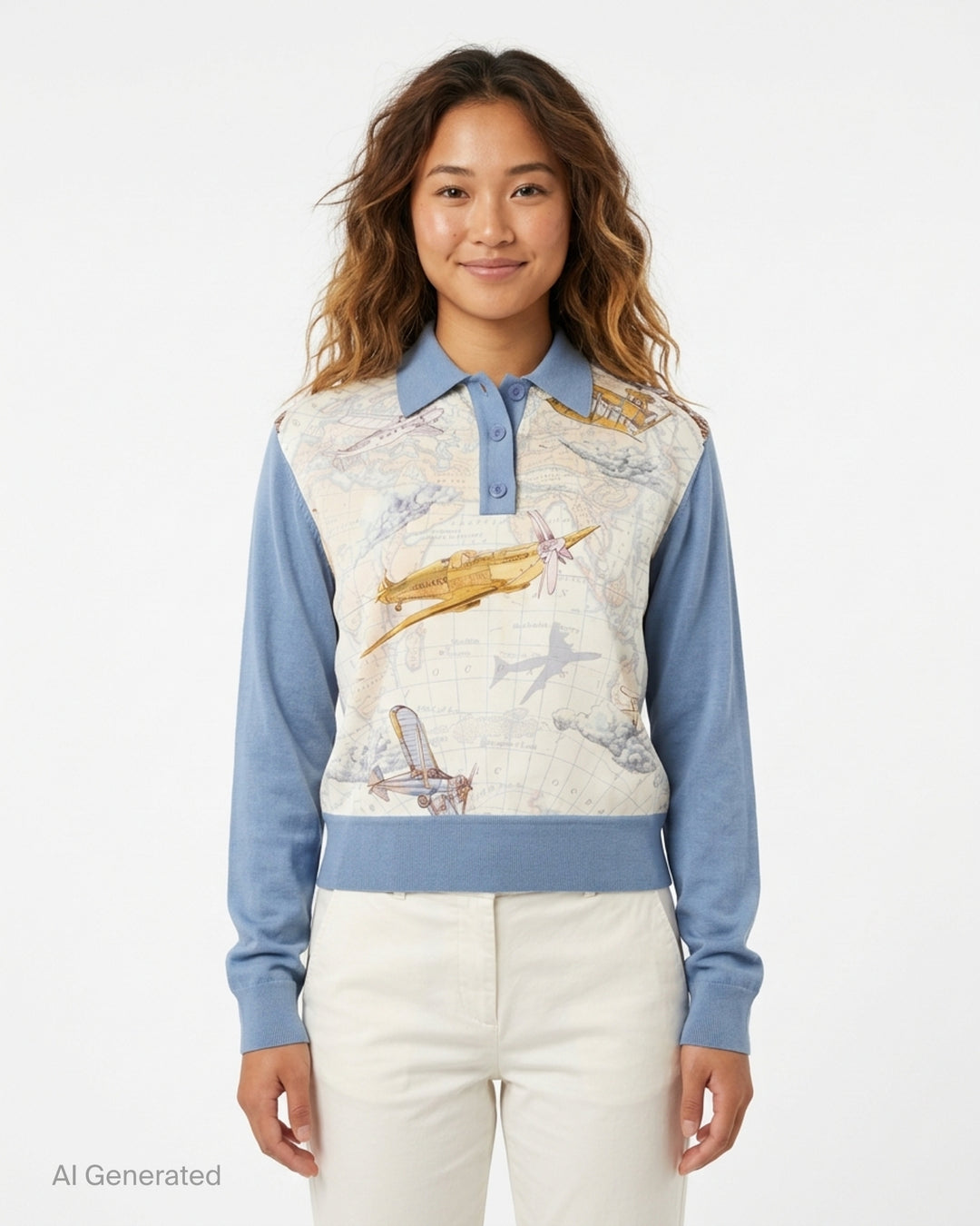 Zimmermann Valiant long sleeve polo with a silk front panel printed with a vintage world map and aeroplanes, framed by blue knit collar, sleeves, and hem - front