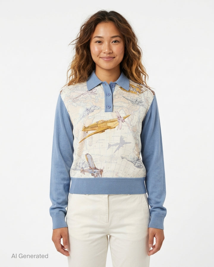 Zimmermann Valiant long sleeve polo with a silk front panel printed with a vintage world map and aeroplanes, framed by blue knit collar, sleeves, and hem - front