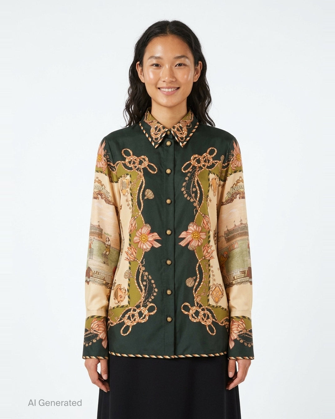 Zimmermann Valiant Twill Shirt with an ornate cricket and floral scarf print in forest green, blush, and ochre, featuring gold-tone press-stud buttons and wide printed cuffs - front