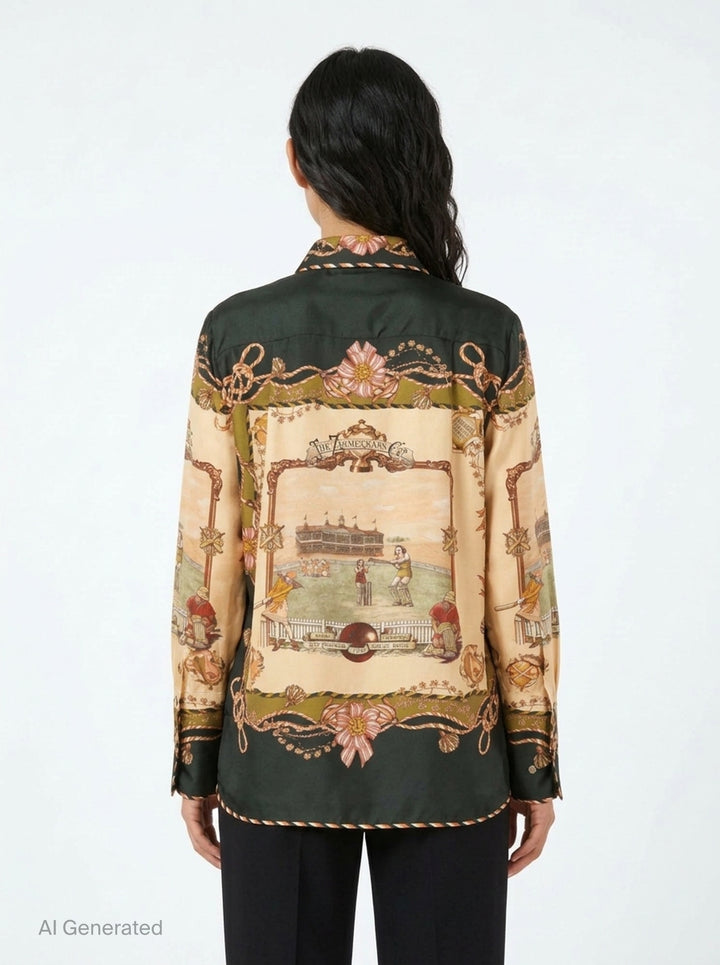 Zimmermann Valiant Twill Shirt with an ornate cricket and floral scarf print in forest green, blush, and ochre, featuring gold-tone press-stud buttons and wide printed cuffs - back