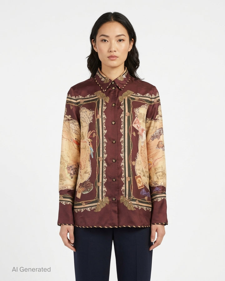 Zimmermann Valiant Twill Shirt in burgundy with a vintage Map of Australia scarf print, baroque borders and tassel details - front