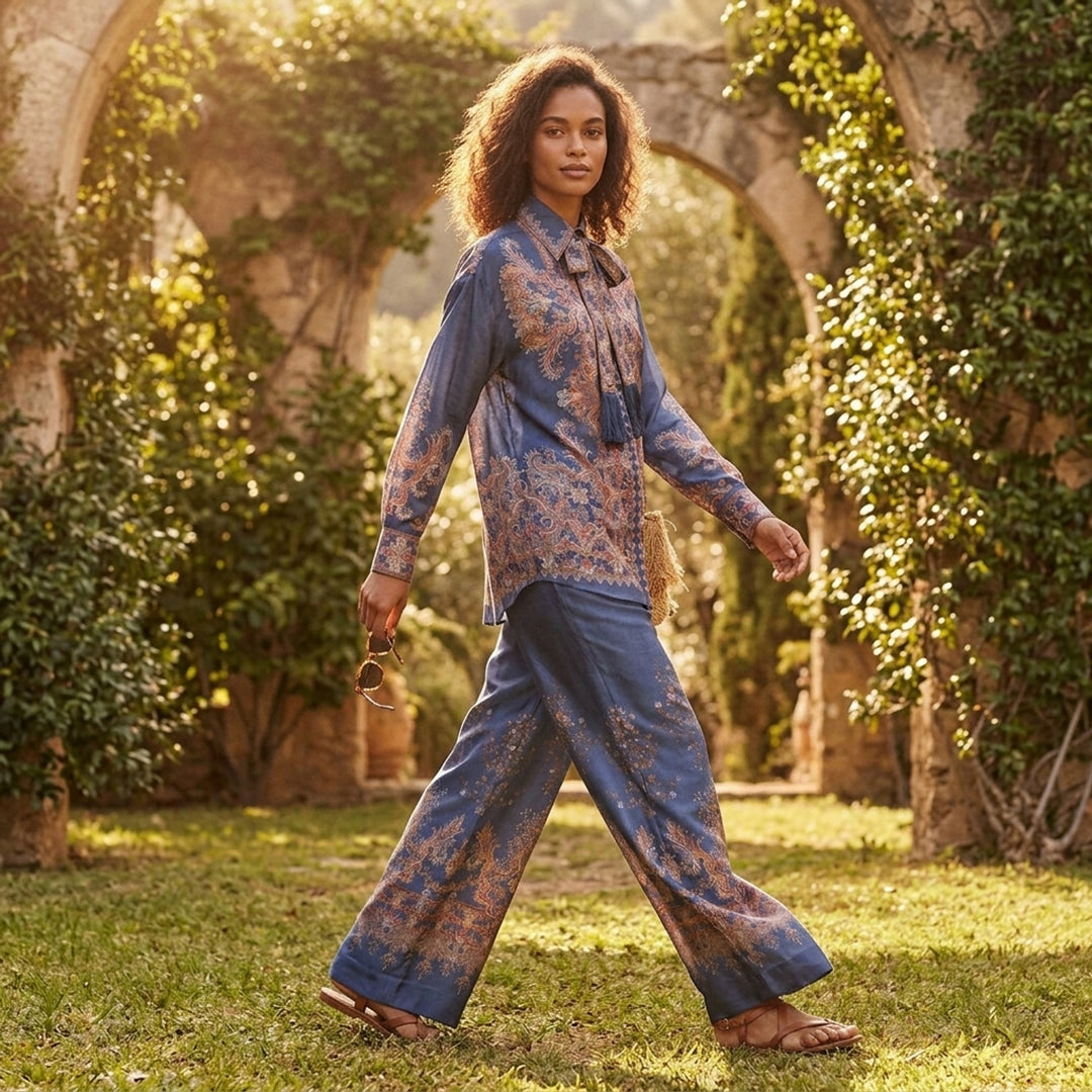 Zimmermann Valiant wide-leg pants in blue with ornate paisley and floral border print, elasticated drawstring waistband and decorative woven trim - lifestyle