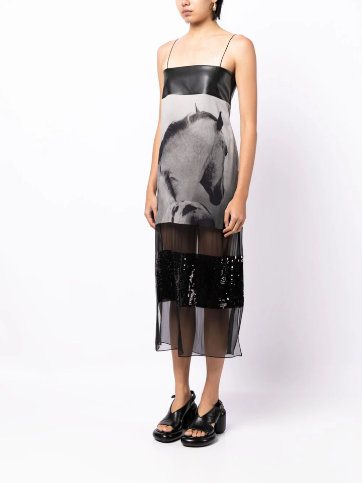 Photographic Print Sequin Slip Dress