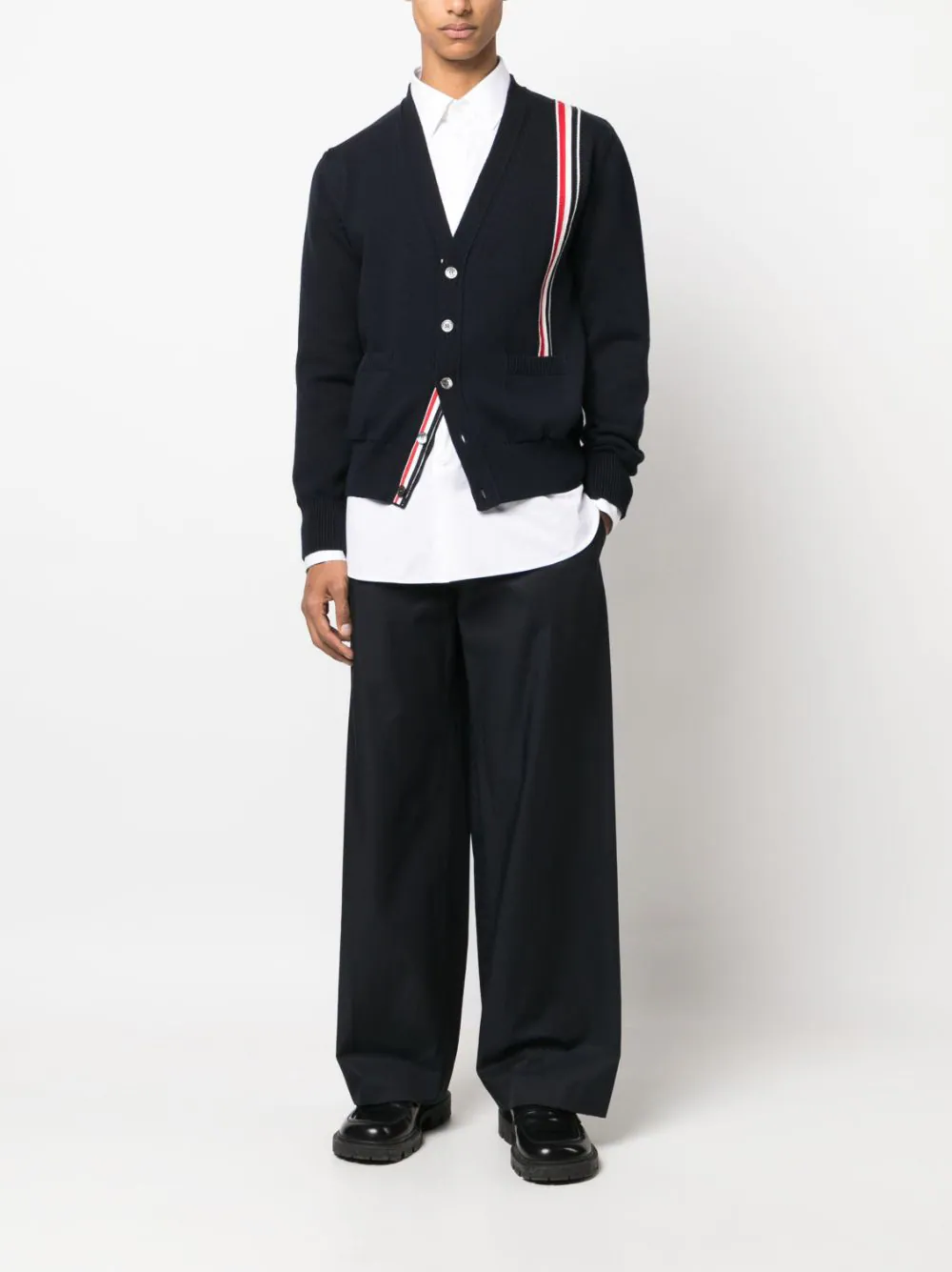 Thom Browne Jersey Stitch Relaxed Fit V Neck Cardigan - view 2