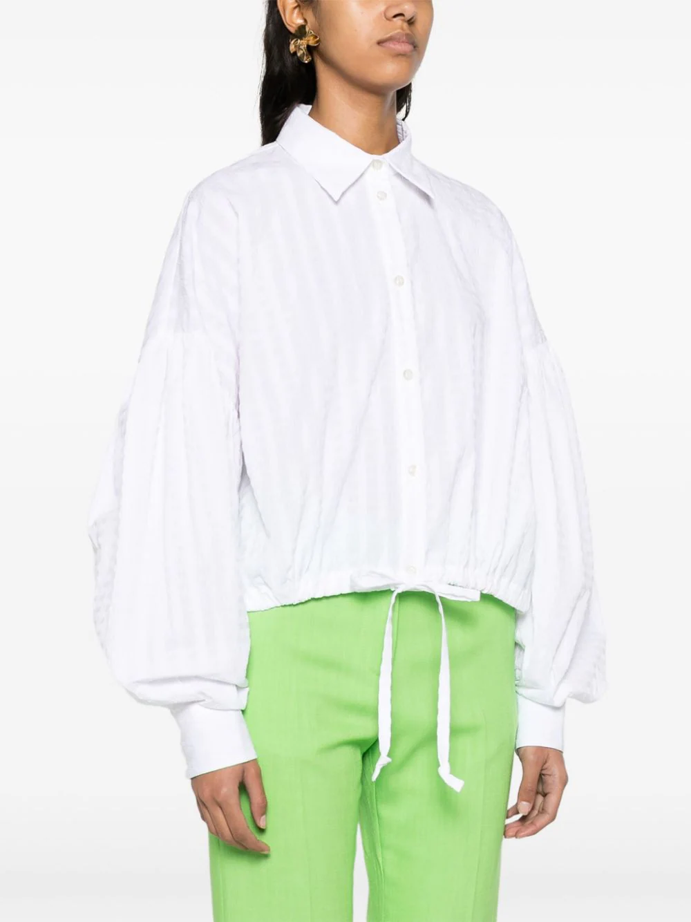 Seersucker Bishop Sleeves Cropped Shirt