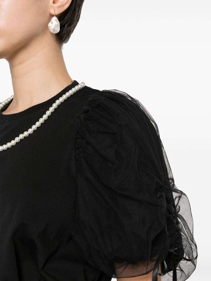 珠飾薄紗罩層泡泡袖 T 卹