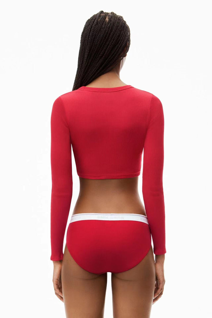 Cropped Long-Sleeve Tee In Ribbed Cotton Jersey