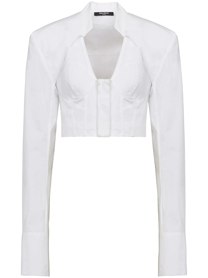 Balmain Lingerie Cut Popline Cropped Blouse White 1 
