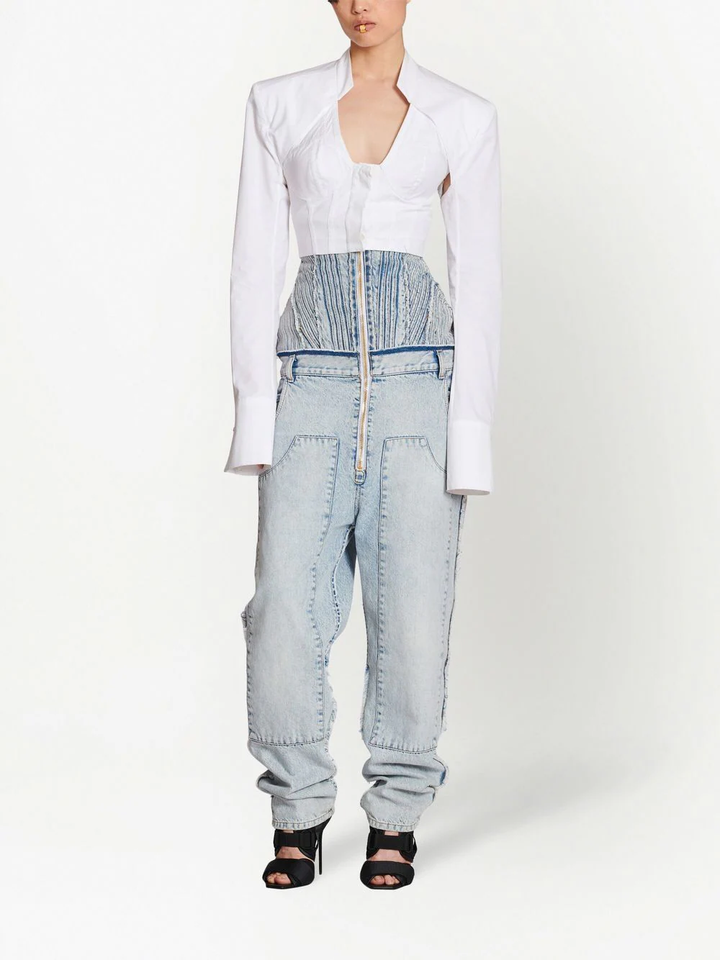 Balmain Lingerie Cut Popline Cropped Blouse White 2