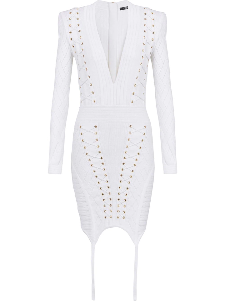 Balmain Laced Knit Gater Short Dress White 1