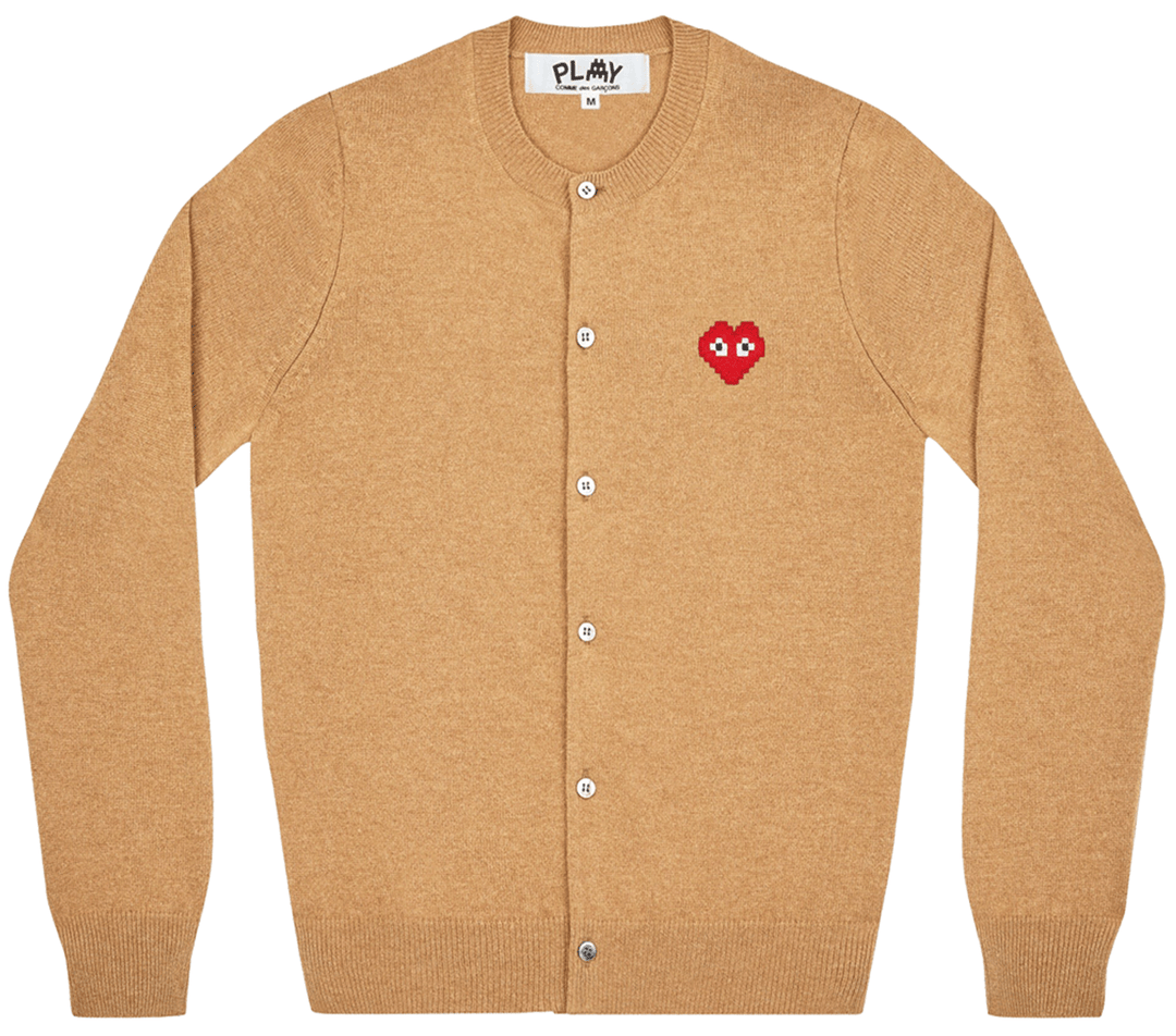 COMME-des-GARCONS-PLAY-Pixel-Red-Heart-Cardigan-Women-Camel-1