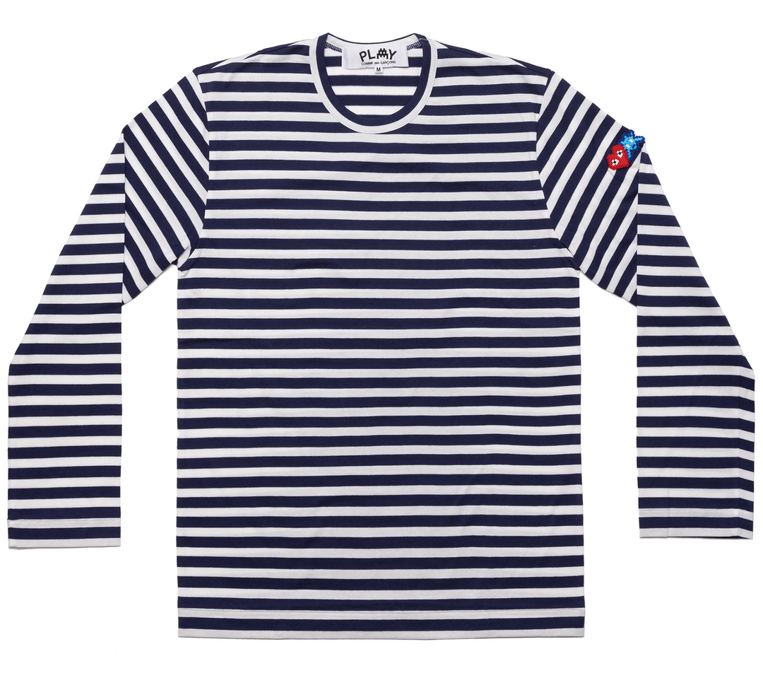 COMME-des-GARCONS-PLAY-x-INVADER-Striped-Long-Sleeve-T-Shirt-Women-Blue-White-Stripes-1